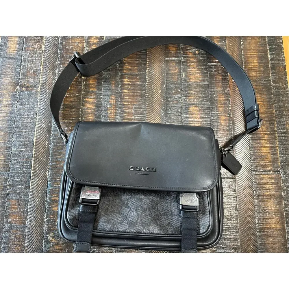 COACH Racer Messenger Bag In Signature Canvas & Leather CT716 Charcoal/Black